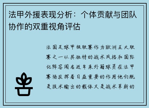法甲外援表现分析：个体贡献与团队协作的双重视角评估